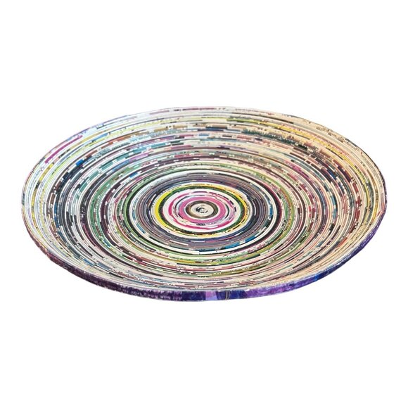 Handmade Upcycled Magazine Paper Basket Plate Multicolored 10.5" Dia X 2" - Picture 6 of 8
